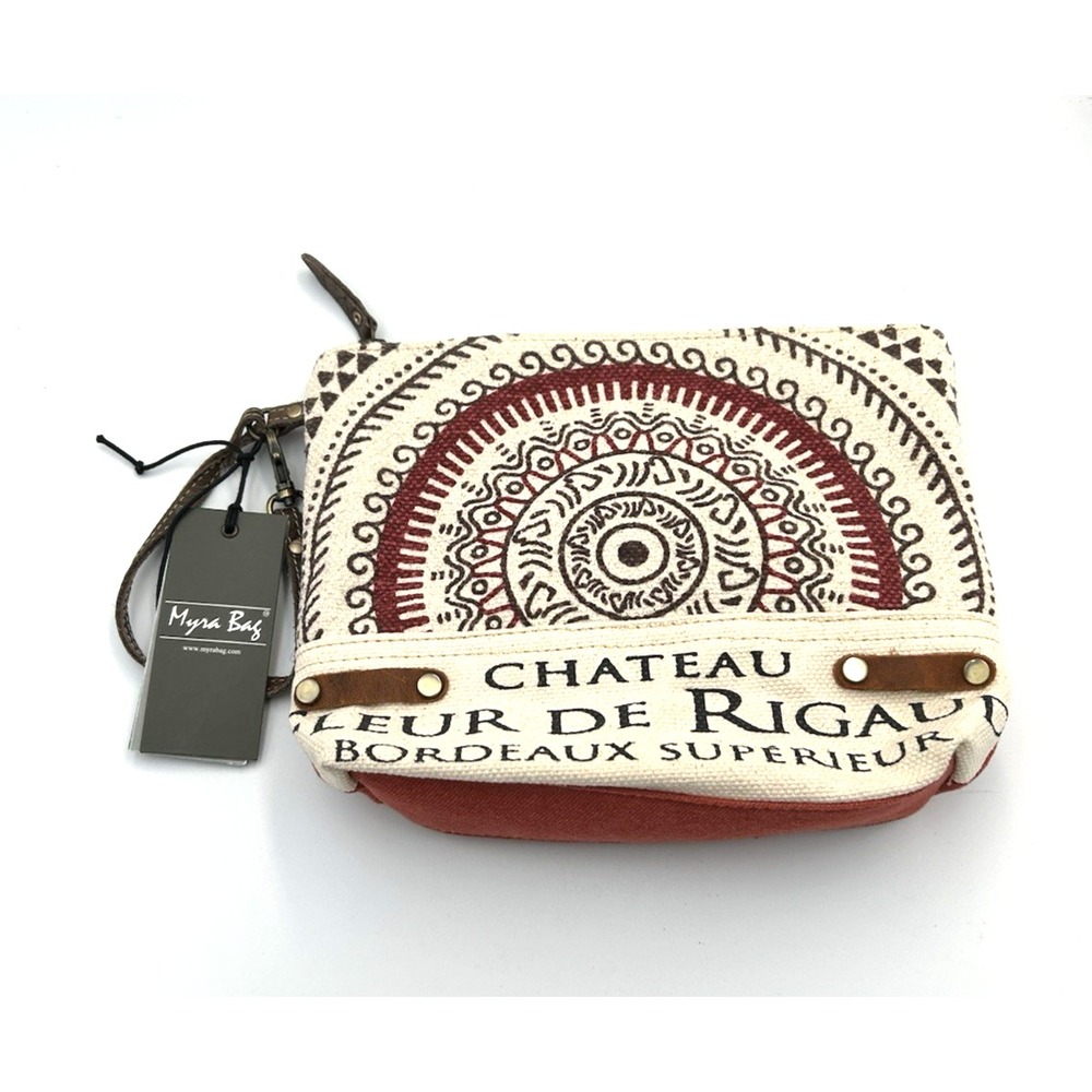 Myra Bag Chateau Fleur de Rigaud Wristlet Pouch Cotton Leather Medallion